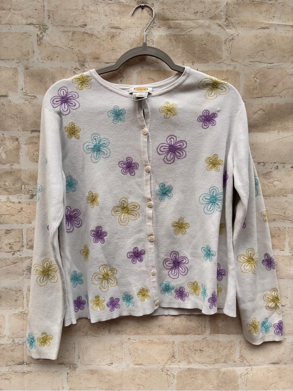 Vtg 90’s Talbots Size L white ditsy daisy floral embroidered cardigan sweater